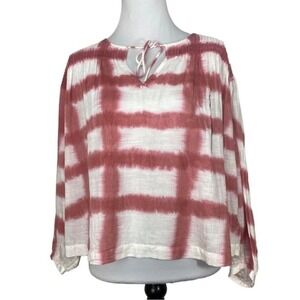 Lucky Brand Womens Rose Tie Dye Grid Blouse Split Neck Top 7W46110 Small‎ NEW
